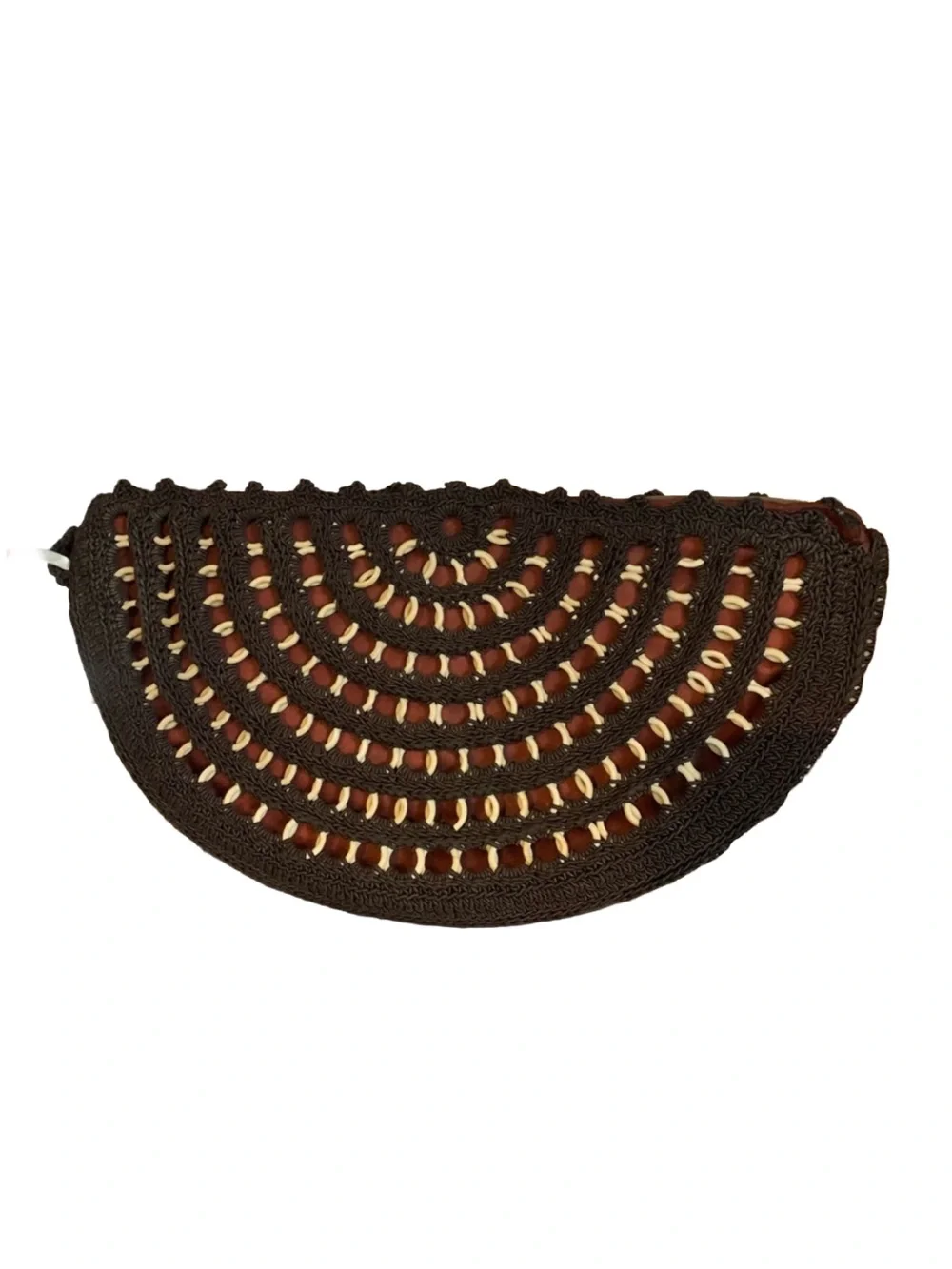VINTAGE 1970'S BROWN CROCHET MACRAME W/CREAM PLASTIC WRIST BAG/CLUTCH